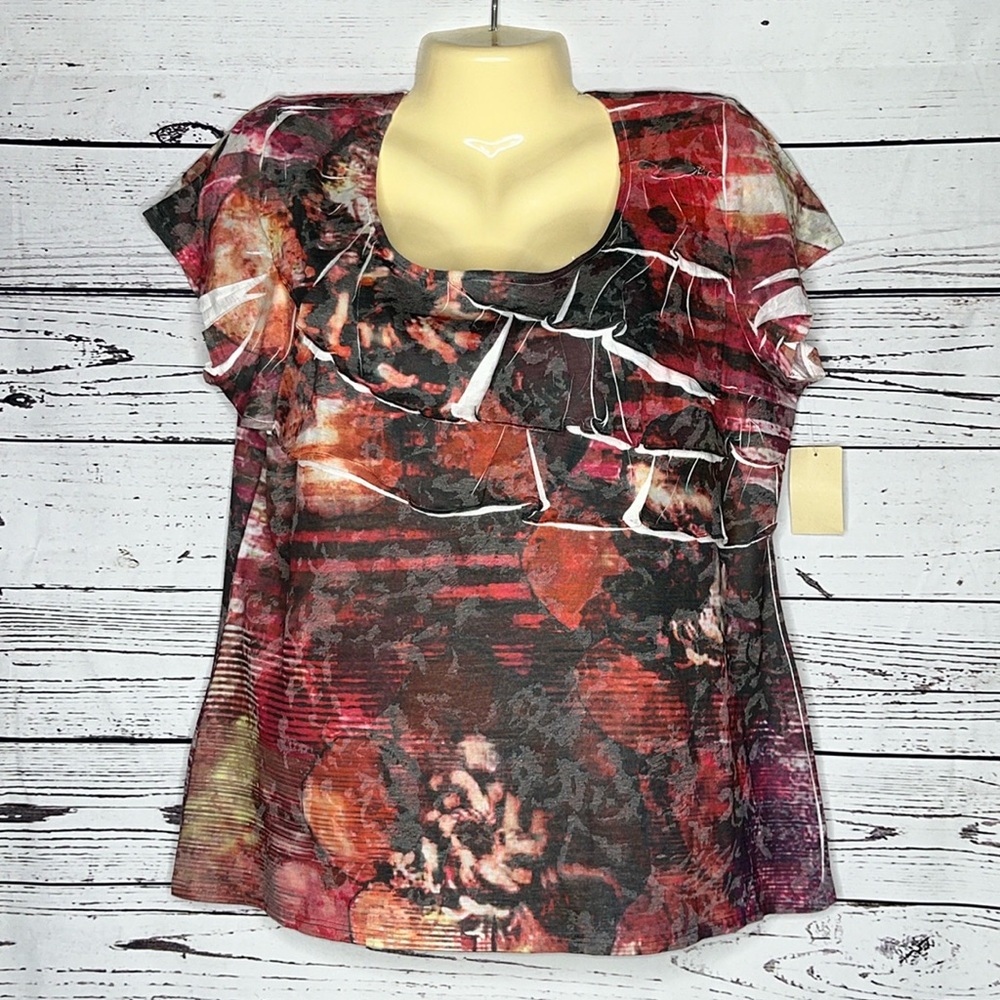 Coldwater Creek NWT L 14 Floral Print Tiered Ruffle Sublimation Knit Top Shirt